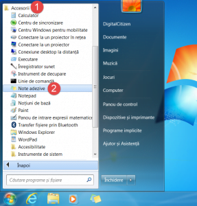 Scurtătura pentru Note adezive din Meniul Start al Windows 7