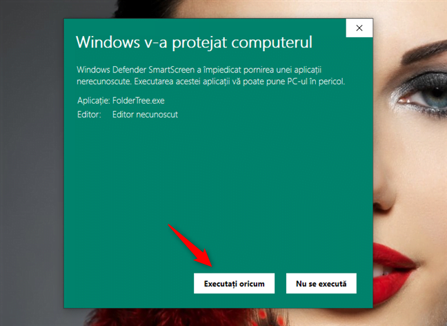 Opțiunea de a executa oricum FolderTree în dialogul SmartScreen