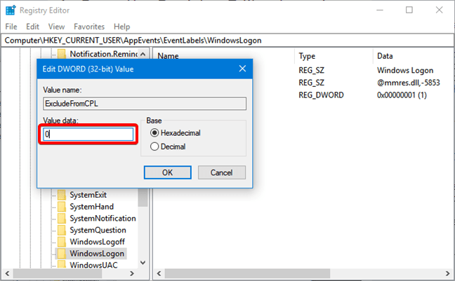 Introdu zero pentru ExcludeFromCPL în Registry Editor