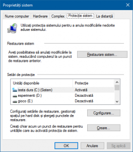 System Restore, Protectie Sistem, Windows