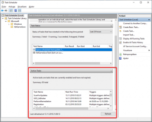 Panoul Active Tasks din în Task Scheduler