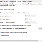 Fila Settings (Setări) în Task Scheduler