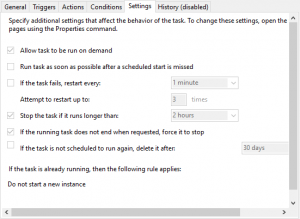 Fila Settings (Setări) în Task Scheduler