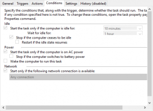 Fila Conditions (Condiții) în Task Scheduler