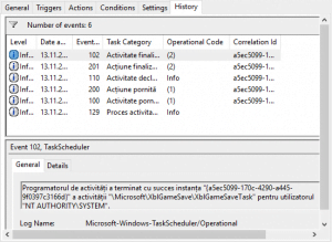 Fila History (Istoric) în Task Scheduler