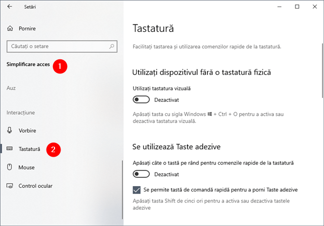 Setările de Tastatură din Simplificare acces în Windows 10