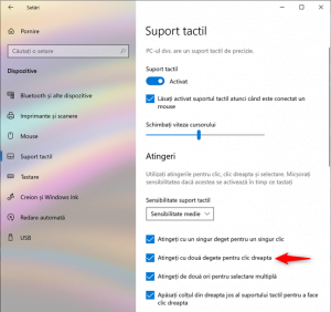 Setează touchpad-ul să interpreteze o atingere cu două degete drept clic dreapta