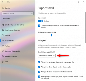 Setarea care controlează sensibilitatea touchpad-ului