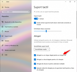 Setează touchpad-ul să interpreteze atingerea cu un deget drept clic stânga