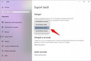 Lista de niveluri de sensibilitate disponibile pe un touchpad