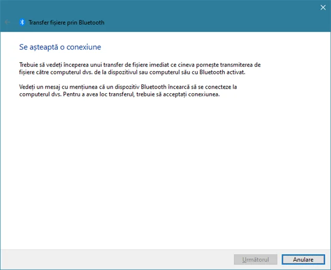 Windows 10 așteaptă o conexiune prin Bluetooth