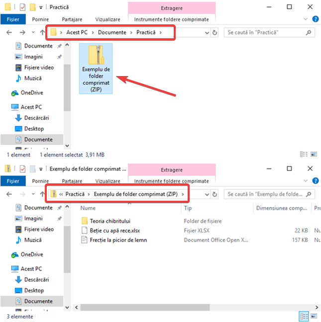 Fișier ZIP în Windows înainte și după ce este deschis în Explorer