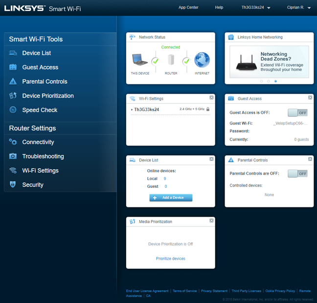 Interfața web pentru administrarea Linksys Velop WHW01