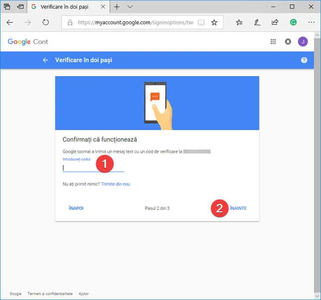 Introdu codul de securitate pentru Verificarea în doi pași de la Google