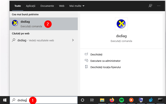 Caută și deschide Instrumentul de diagnosticare DirectX în Windows 10