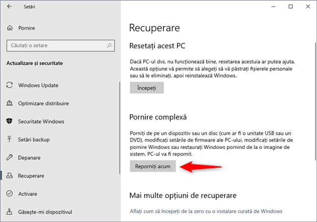 Opțiuni de Pornire complexă disponibile în Windows 10
