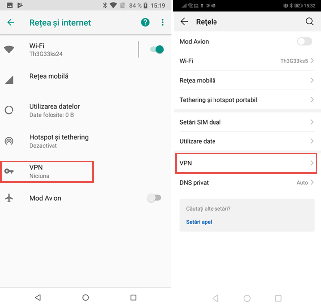 Apasă pe VPN în setările pentru Android