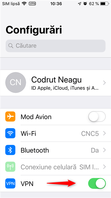 Comutatorul VPN din setările unui iPhone