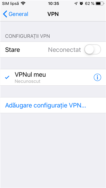 Conexiunea VPN este salvată și afișată pe ecranul VPN