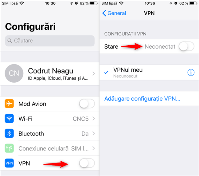 Conexiunea VPN poate fi încheiată din mai multe locuri din Configurări