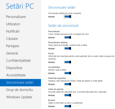 Windows 8, Setări PC, sincronizare, setări, comutatoare, activare, dezactivare