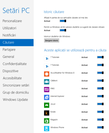 Căutare, Aplicații, Windows 8