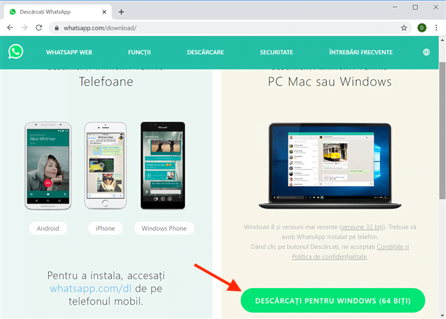 Este ușor să descarci WhatsApp Desktop de pe pagina oficială