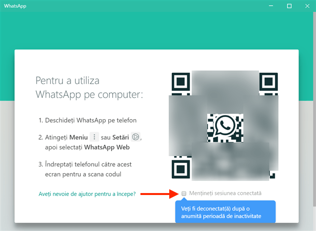 Scoate bifa din dreptul opțiunii Mențineți sesiunea conectată înainte de a scana codul QR