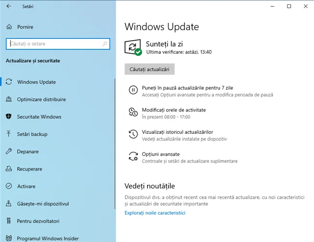 Setări Windows 10 Update