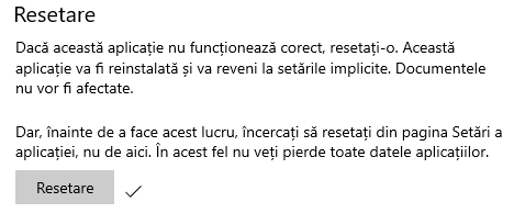 Aplicația a fost resetată