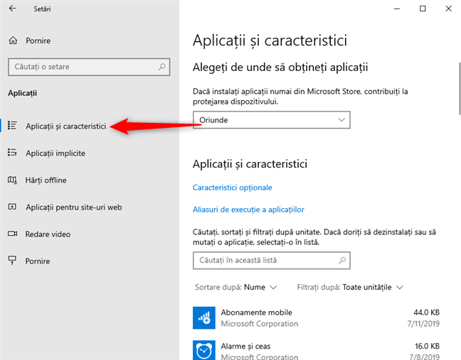 Setări Windows 10 - clic pe Aplicații și caracteristici