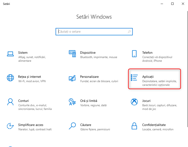 Setări Windows 10 - mergi la Aplicații