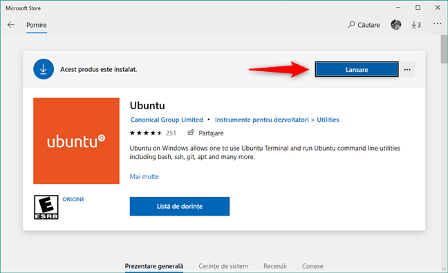 Ubuntu on Windows, instalat din Microsoft Store