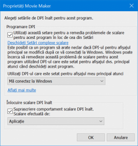 Dacă apeși pe Modificare setări DPI înalt, se deschide o nouă fereastră