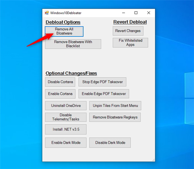 Remove All Bloatware din Windows 10 Debloater