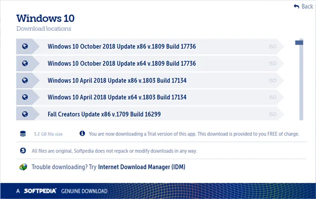 Pagina de descărcare a Windows 10 de pe Softpedia