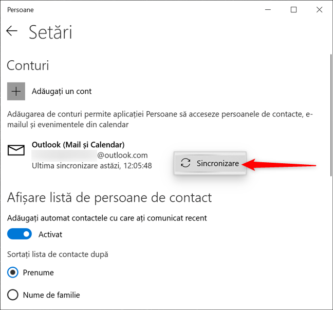 Sincronizarea contului tău cu aplicația Persoane în Windows 10