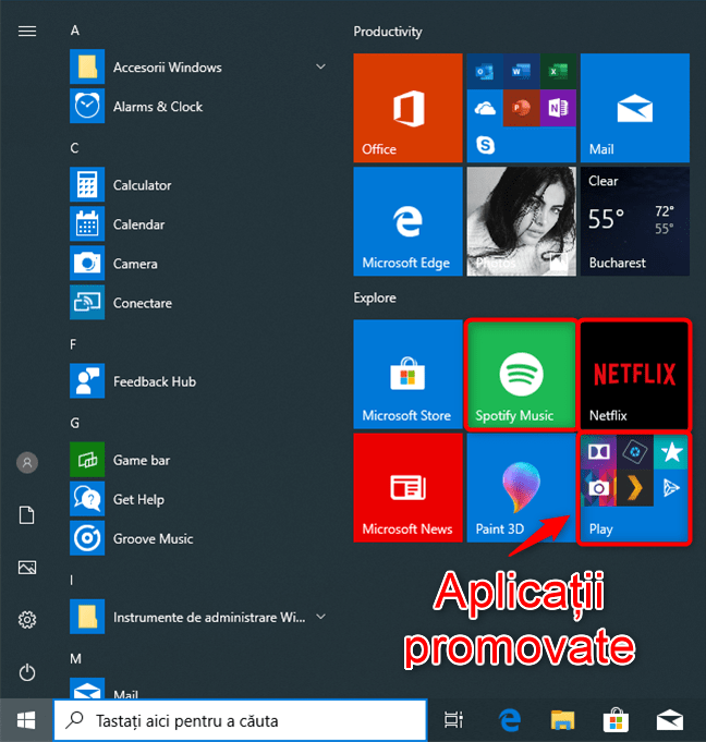 Aplicații promovate în Meniul Start din Windows 10