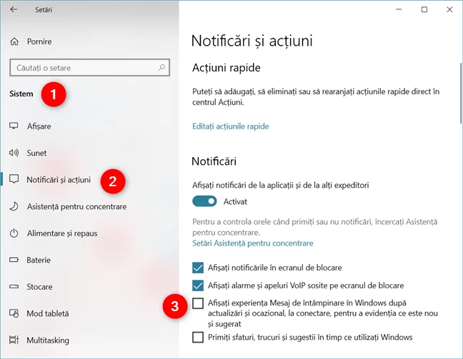 Dezactivarea reclamelor din Centrul de acțiuni din Windows 10