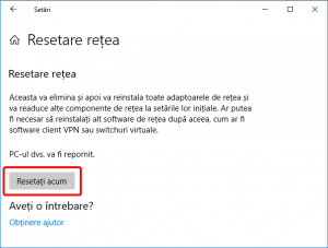 Resetarea de rețea în Windows 10
