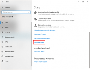 Pornește resetarea de rețea în Windows 10