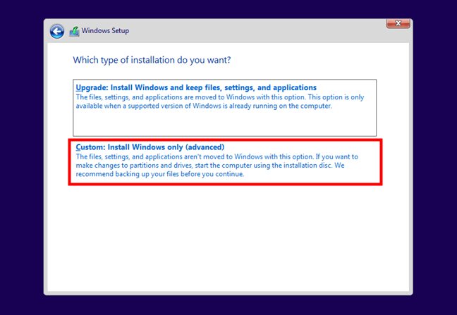 Alegerea de a instala Windows 10 în modul personalizat