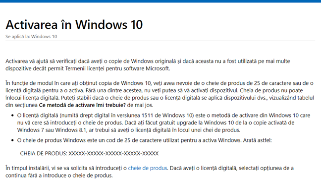 Site-ul web cu documentația de activare a Windows 10