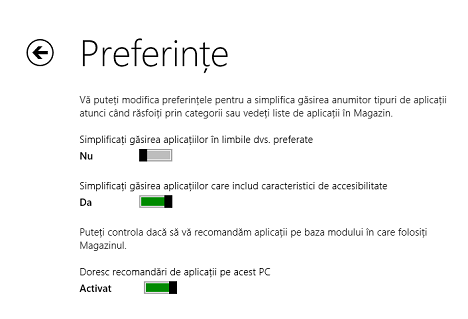 Windows 8.1, aplicatii, Magazin, preferinte, accesibilitate, limba, recomandari