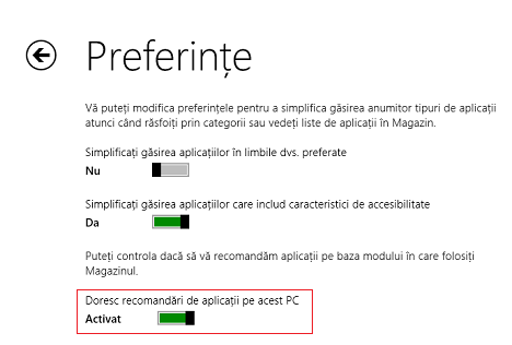 Windows 8.1, aplicatii, Magazin, preferinte, accesibilitate, limba, recomandari