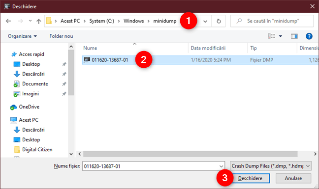 Navigarea prin PC și deschiderea unui fișier dump