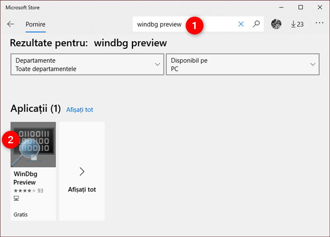 Căutarea WinDbg Preview în Microsoft Store