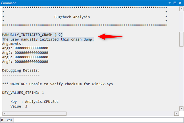 Rezultatele Bugcheck Analysis din WinDbg Preview