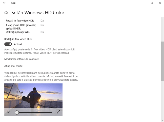 Setările Windows HD Color, în Windows 10 October 2018 Update