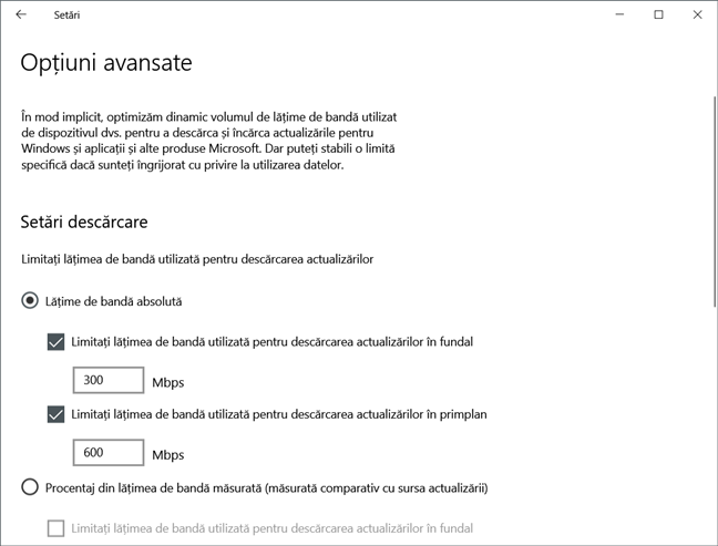 Windows Update are limite ajustabile pentru lățimea de bandă